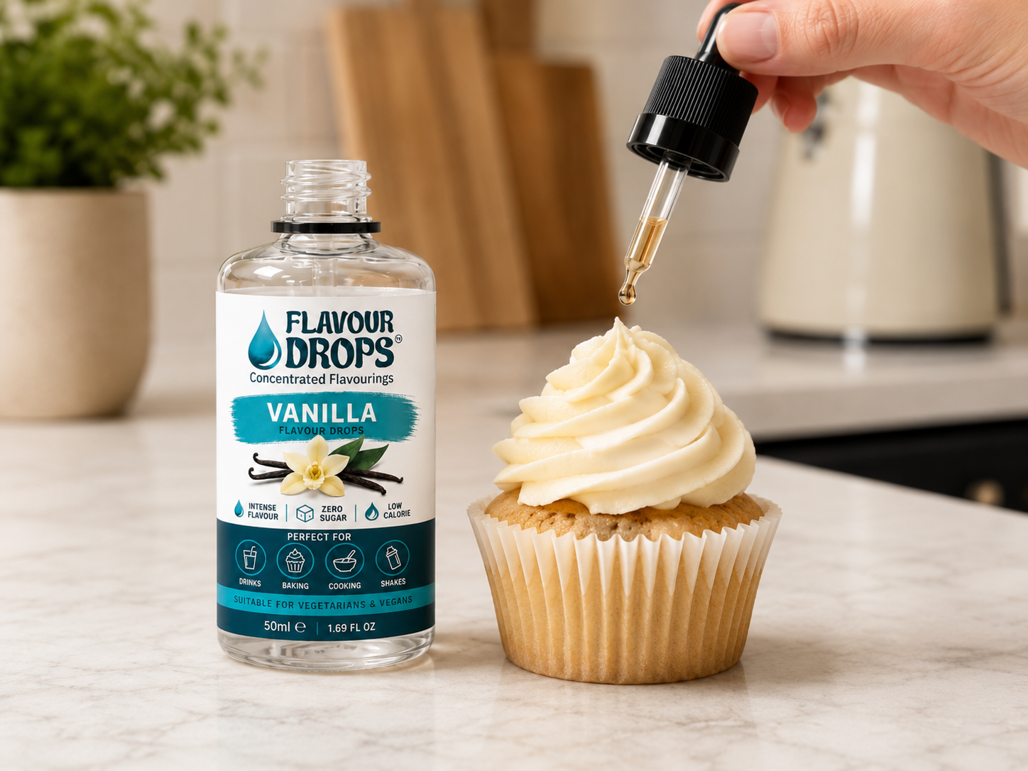 Vanilla Flavour Drops being added to a cupcake