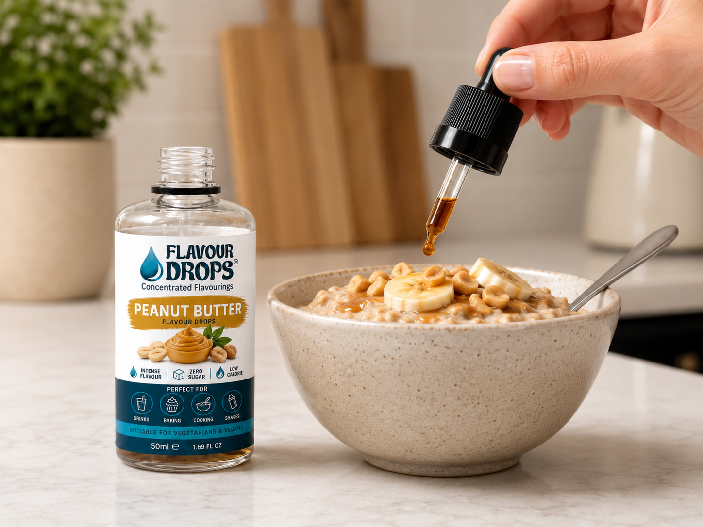 Peanut Butter Flavour Drops being added to breakfast oats
