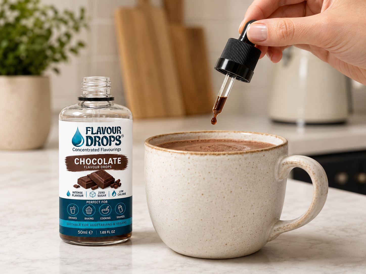 Chocolate Flavour Drops being added to a hot drink
