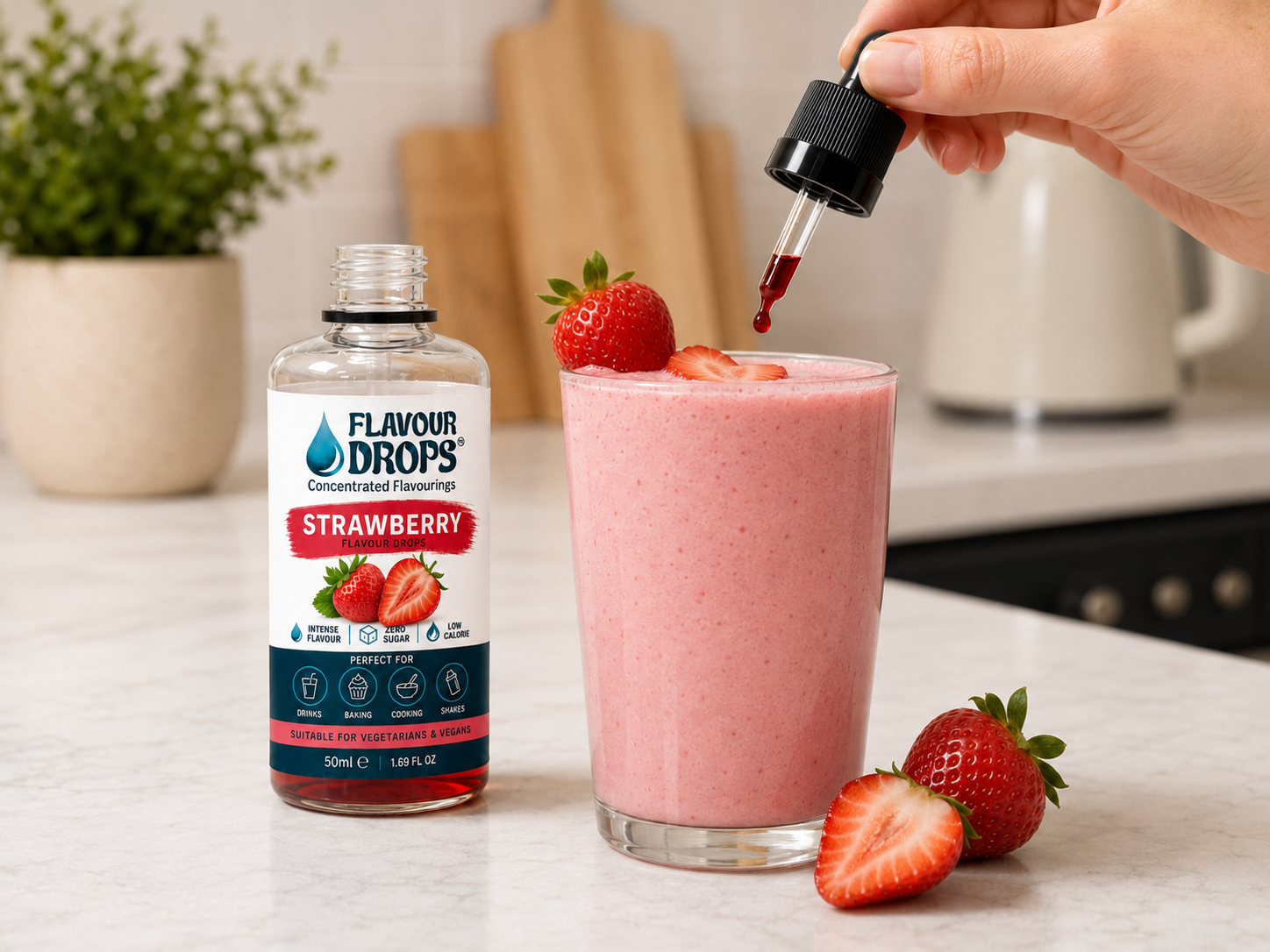 Strawberry Flavour Drops being added to a strawberry shake
